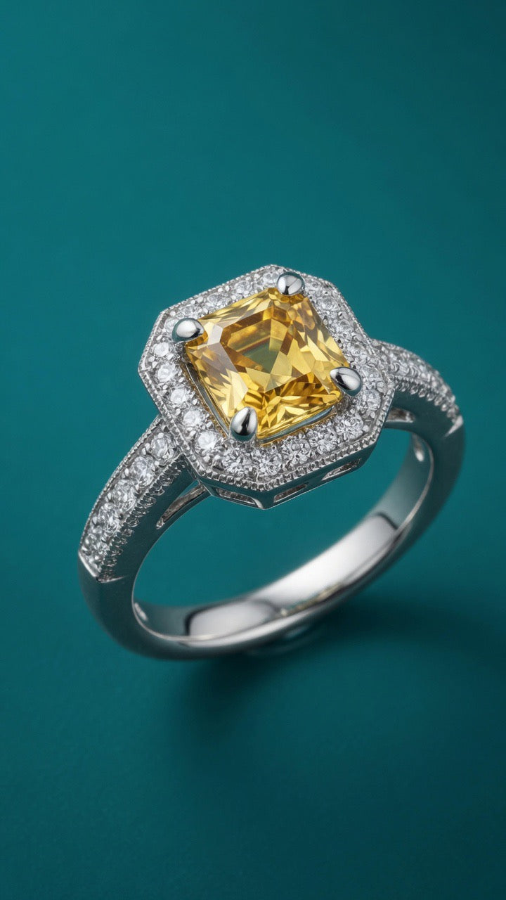 1.44 CT TW Lab Grown Yellow Diamond Halo Engagement Ring in 14K White Gold
