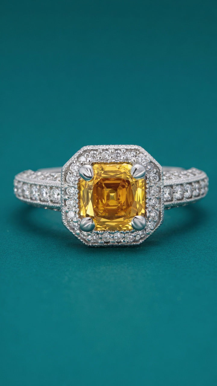 1.44 CT TW Lab Grown Yellow Diamond Halo Engagement Ring in 14K White Gold