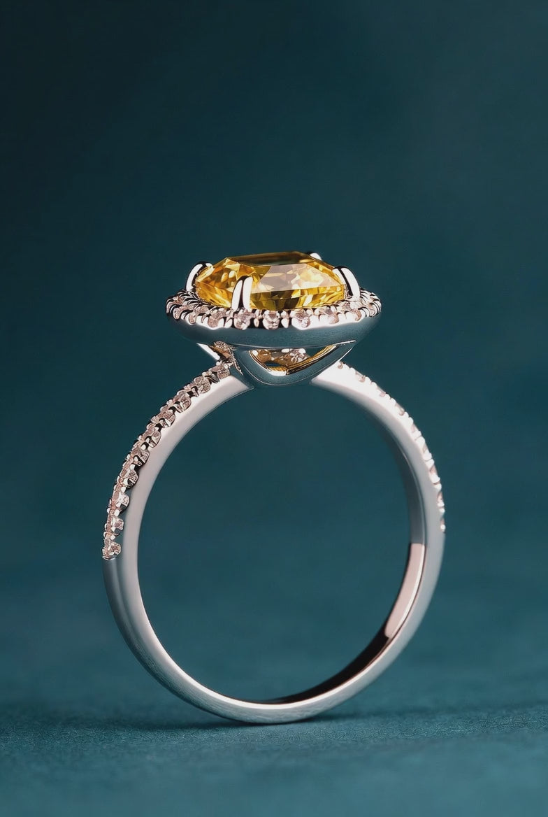 1.44 CT TW Lab Grown Yellow Diamond Halo Engagement Ring in 14K White Gold